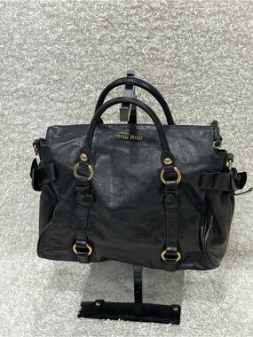 Miu Miu Vitello Lux Large Bow Satchel in Black Leather